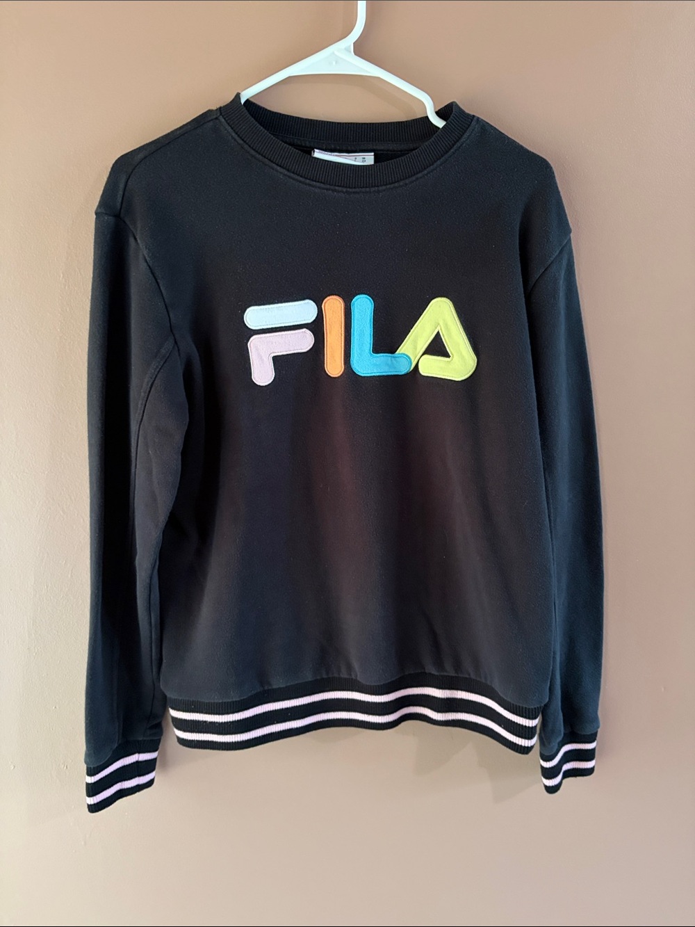 Y2K FILA Black Crewneck Sweater with Pastel Multicolor Logo - Picture 1 of 5